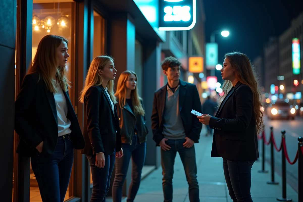 Groupe de jeunes adolescents devant l'entrée d'une boîte de nuit présentant une carte d'identité à un videur