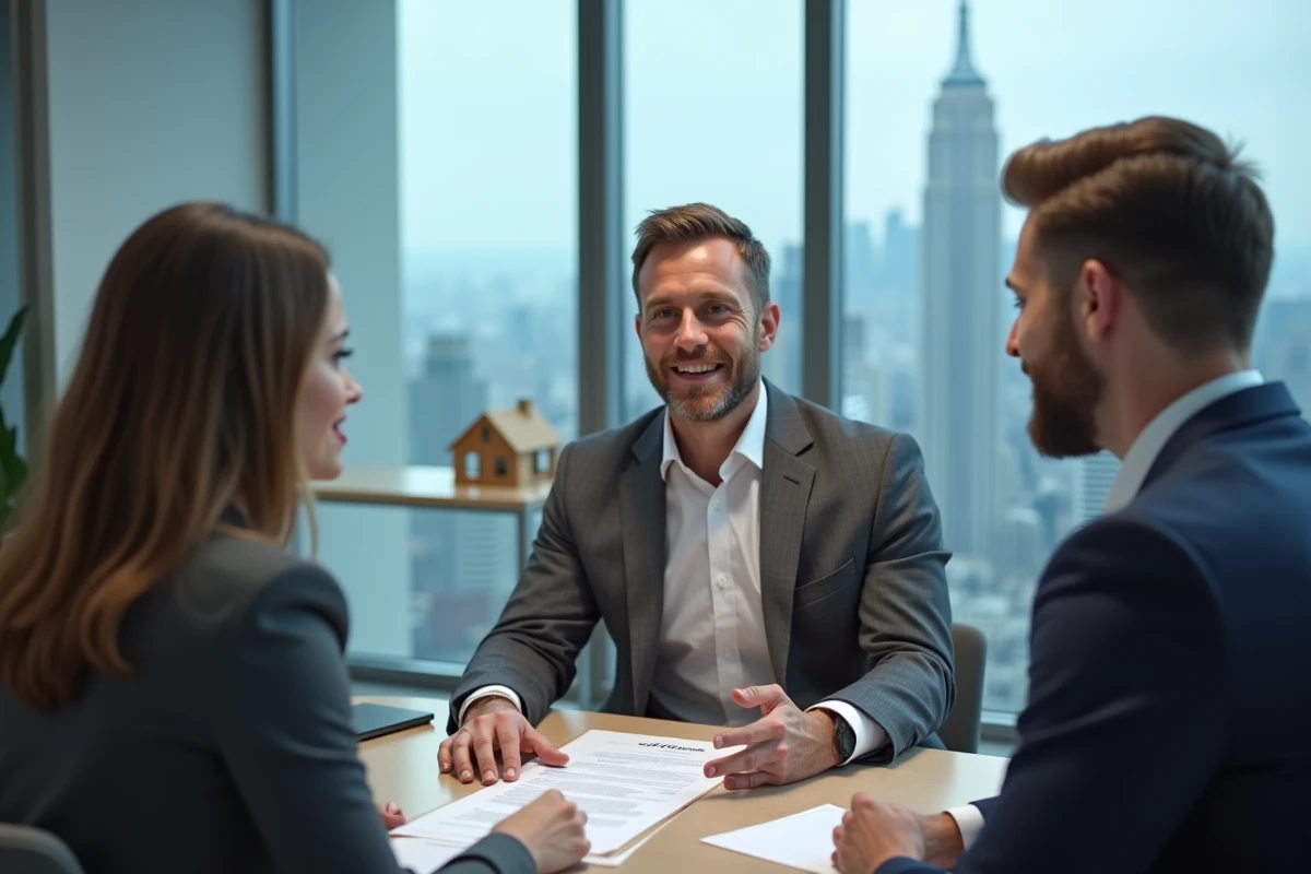 Agent immobilier conseillant un couple lors d'une signature de contrat dans une agence immobilière moderne
