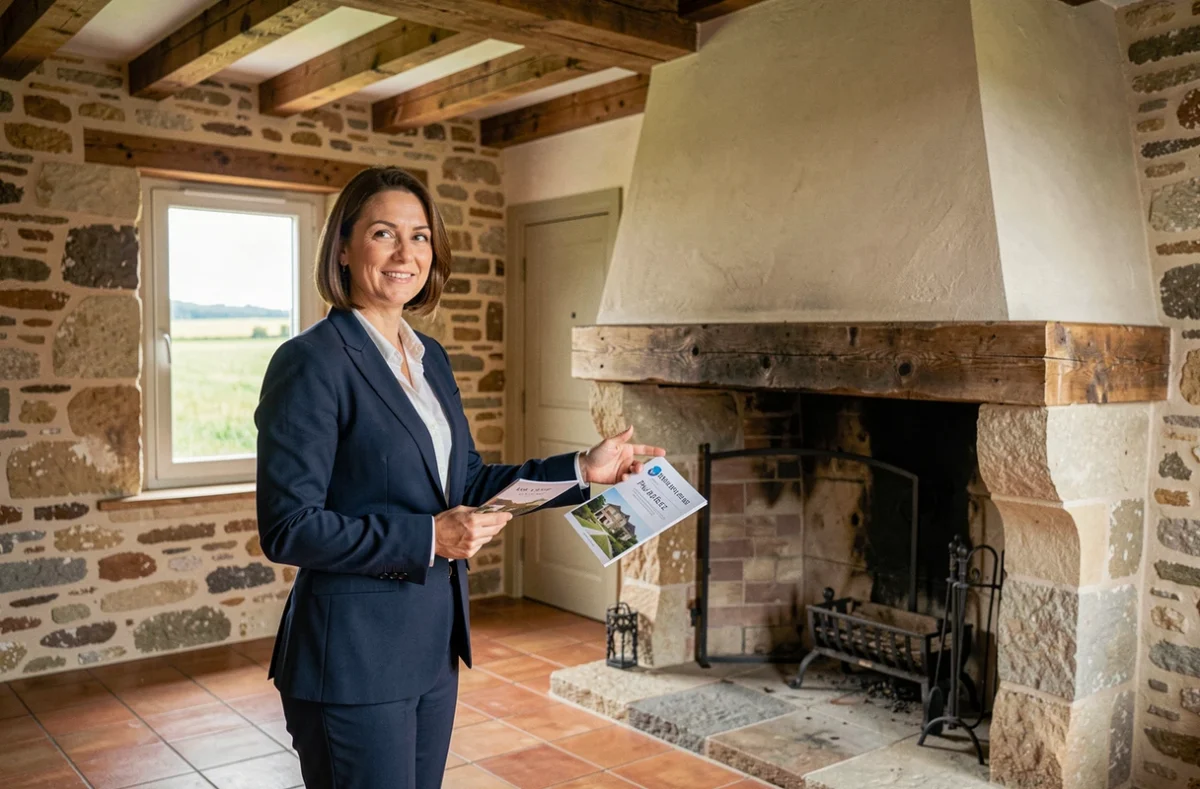 Agent immobilière présentant l'intérieur d'une maison rénovée avec cheminée en pierre dans le Pays de Retz