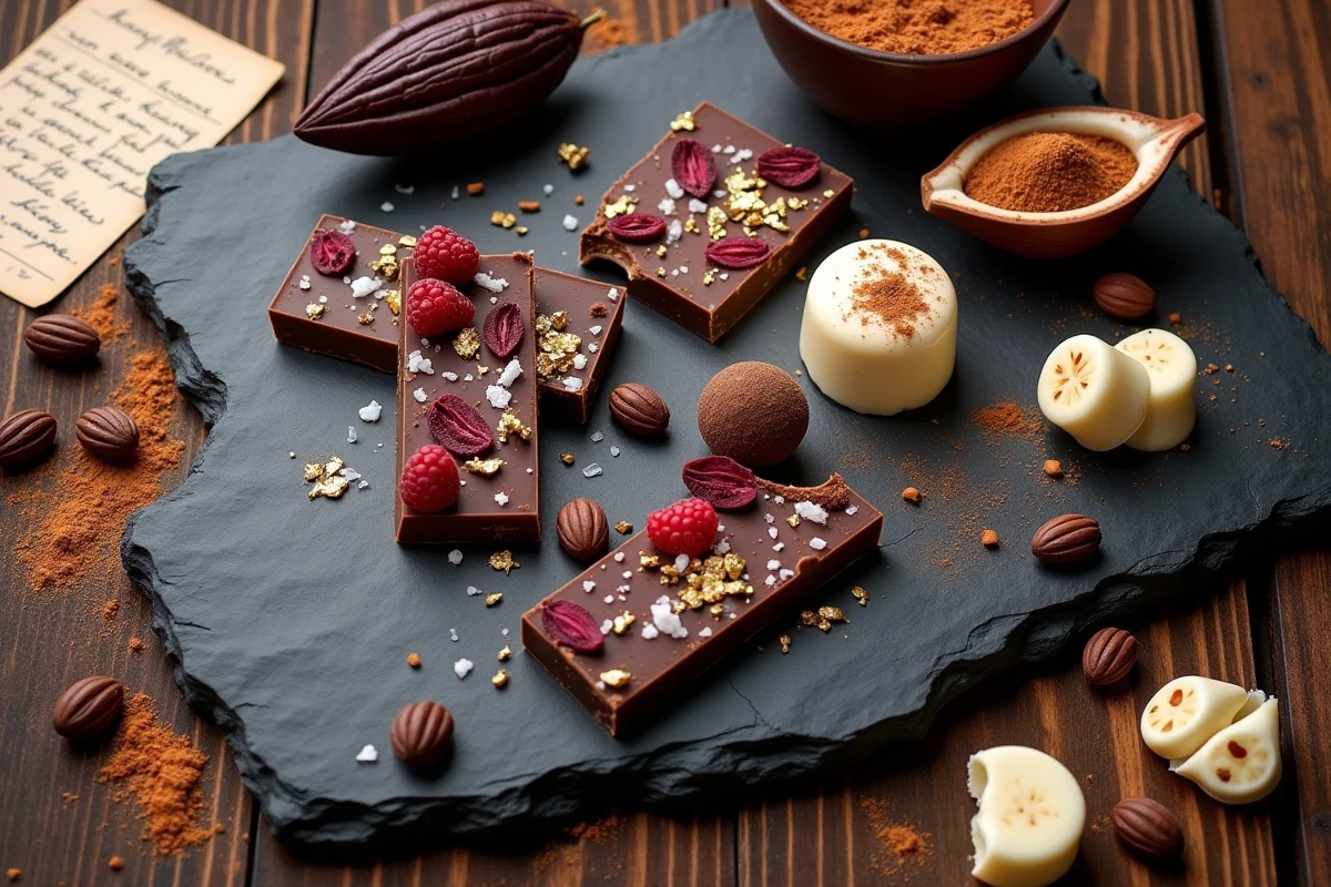 Assortiment de chocolats artisanaux avec fèves de cacao et tablettes sur ardoise rustique