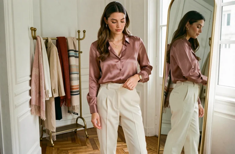 Femme élégante en tenue soignée devant un miroir dans un appartement parisien, illustrant des astuces de style vestimentaire au quotidien