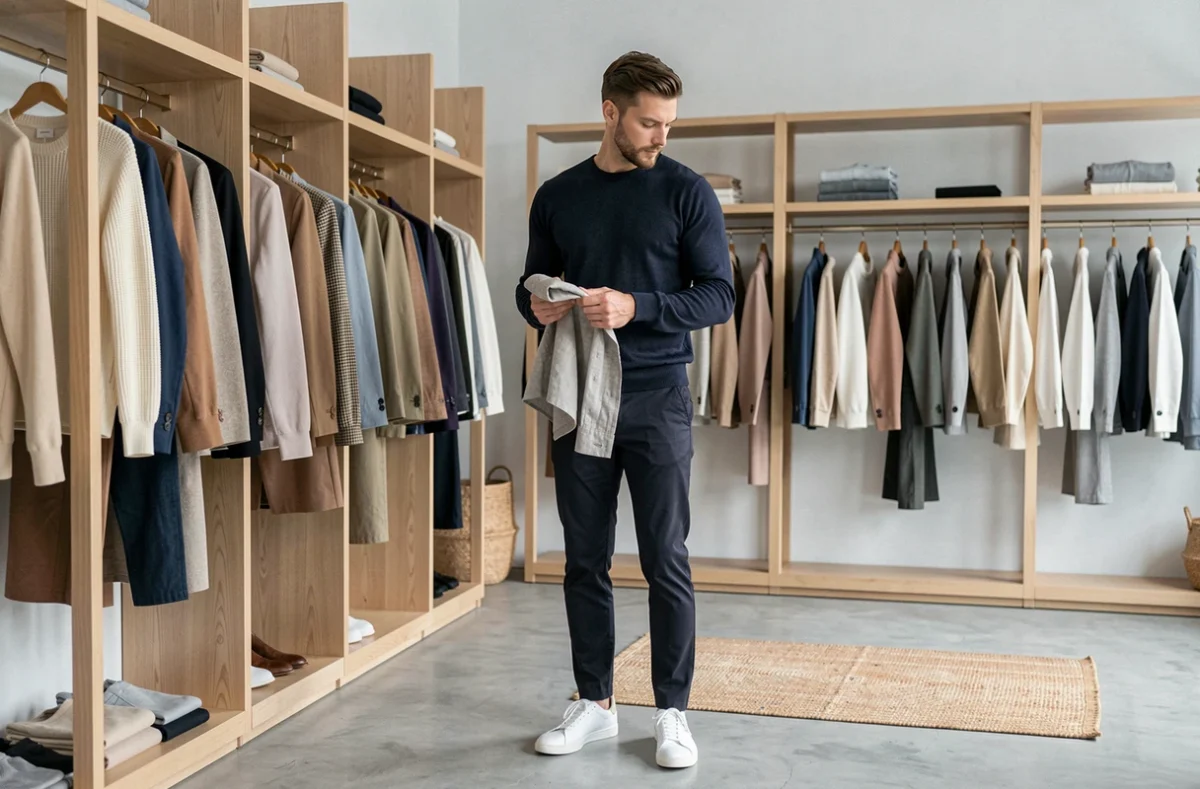 Homme stylé inspectant une chemise en lin dans une boutique de garde-robe capsule moderne, conseils pour améliorer son style au masculin