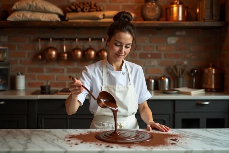 Chocolatière artisane versant du chocolat fondu sur marbre dans un atelier traditionnel