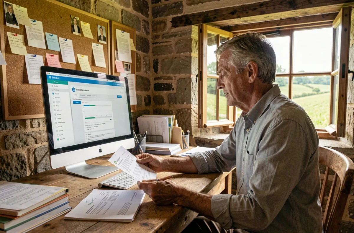 Consultant RH agricole analysant des candidatures sur un logiciel de recrutement numérique dans un bureau de ferme rustique