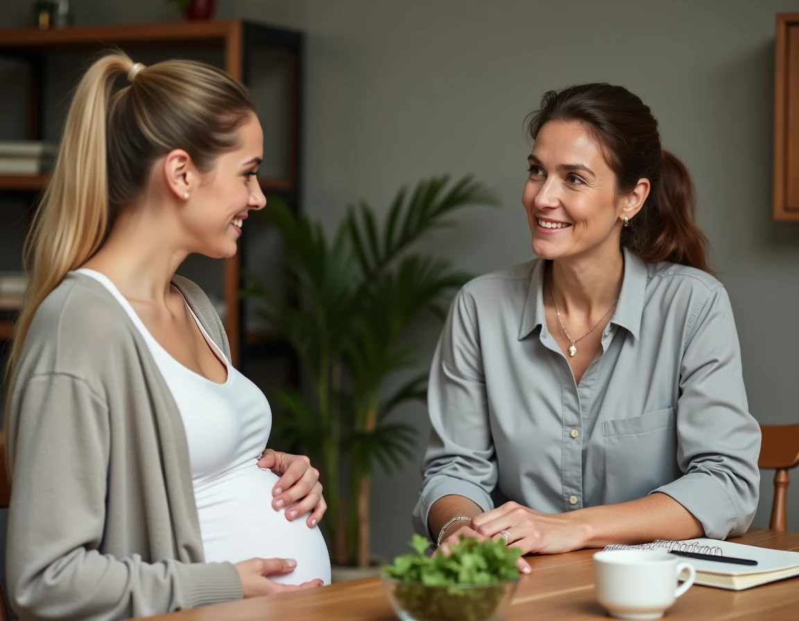 Femme enceinte en consultation avec une nutritionniste autour d'un bol de coriandre fraîche, illustrant les conseils médicaux sur les herbes aromatiques pendant la grossesse