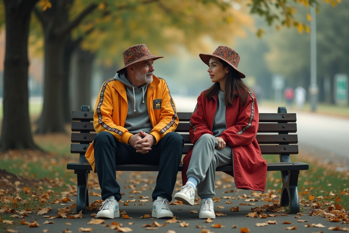 Adulte en streetwear vintage discutant dans un parc