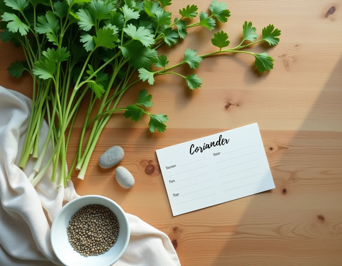 Vue de dessus d'un arrangement de coriandre fraîche avec graines et accessoires de bien-être, idéal pour illustrer un article sur les herbes pendant la grossesse