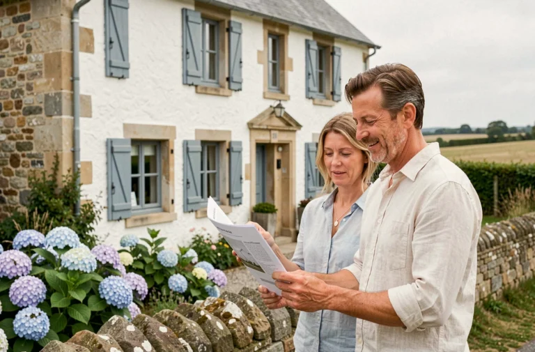 Couple examinant une maison traditionnelle en pierre dans le Pays de Retz, Loire-Atlantique