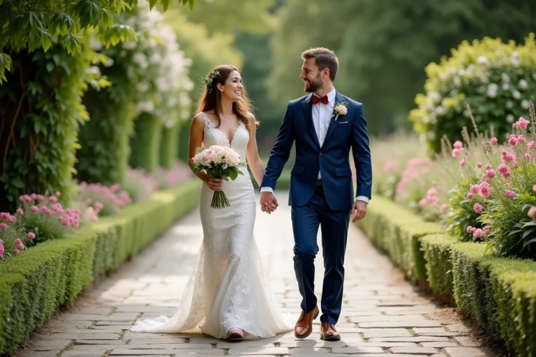 Jeune couple marié dans un jardin en pleine nature