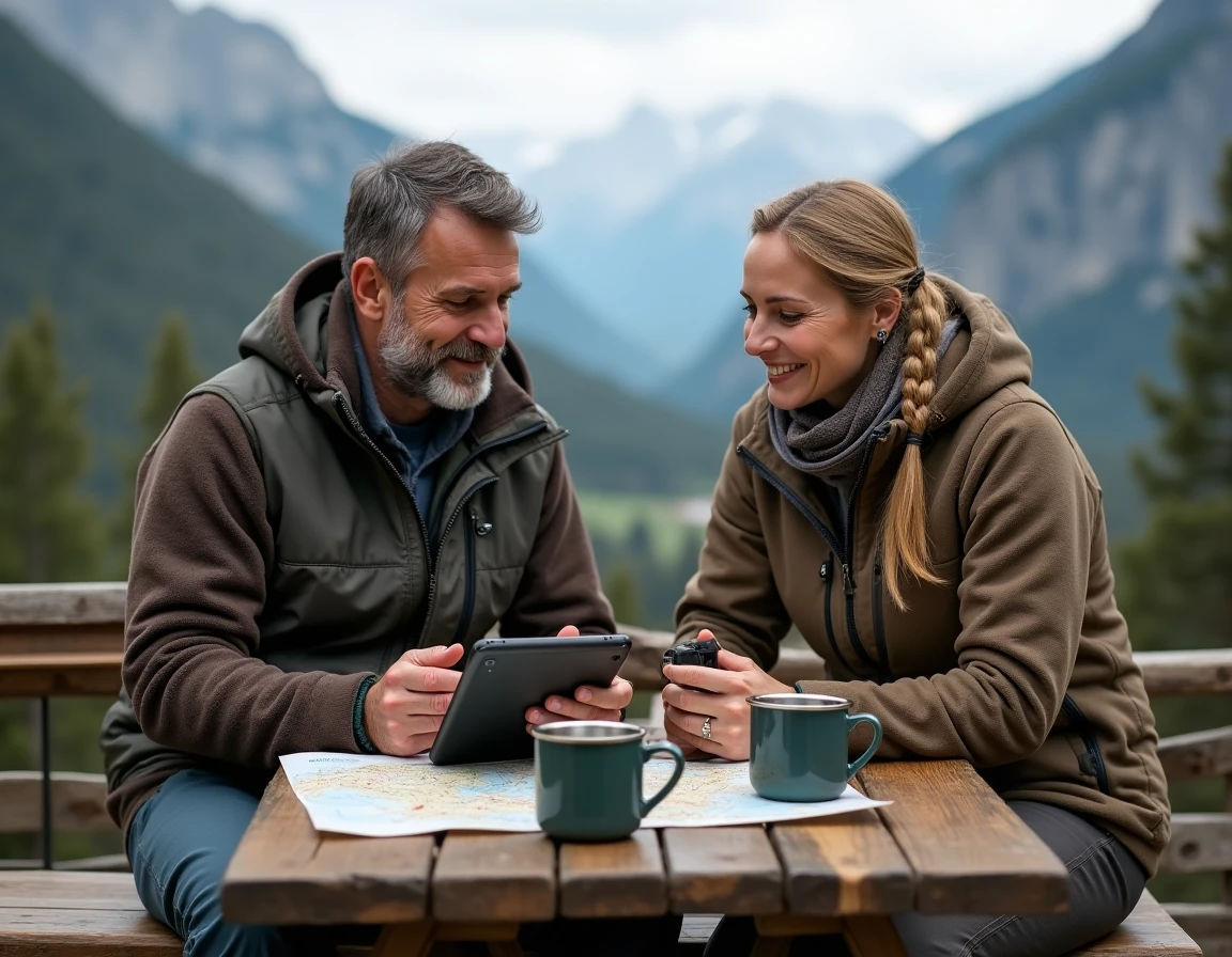 Couple de voyageurs nomades consultant une tablette sur la terrasse d'un refuge alpin avec vue sur la montagne