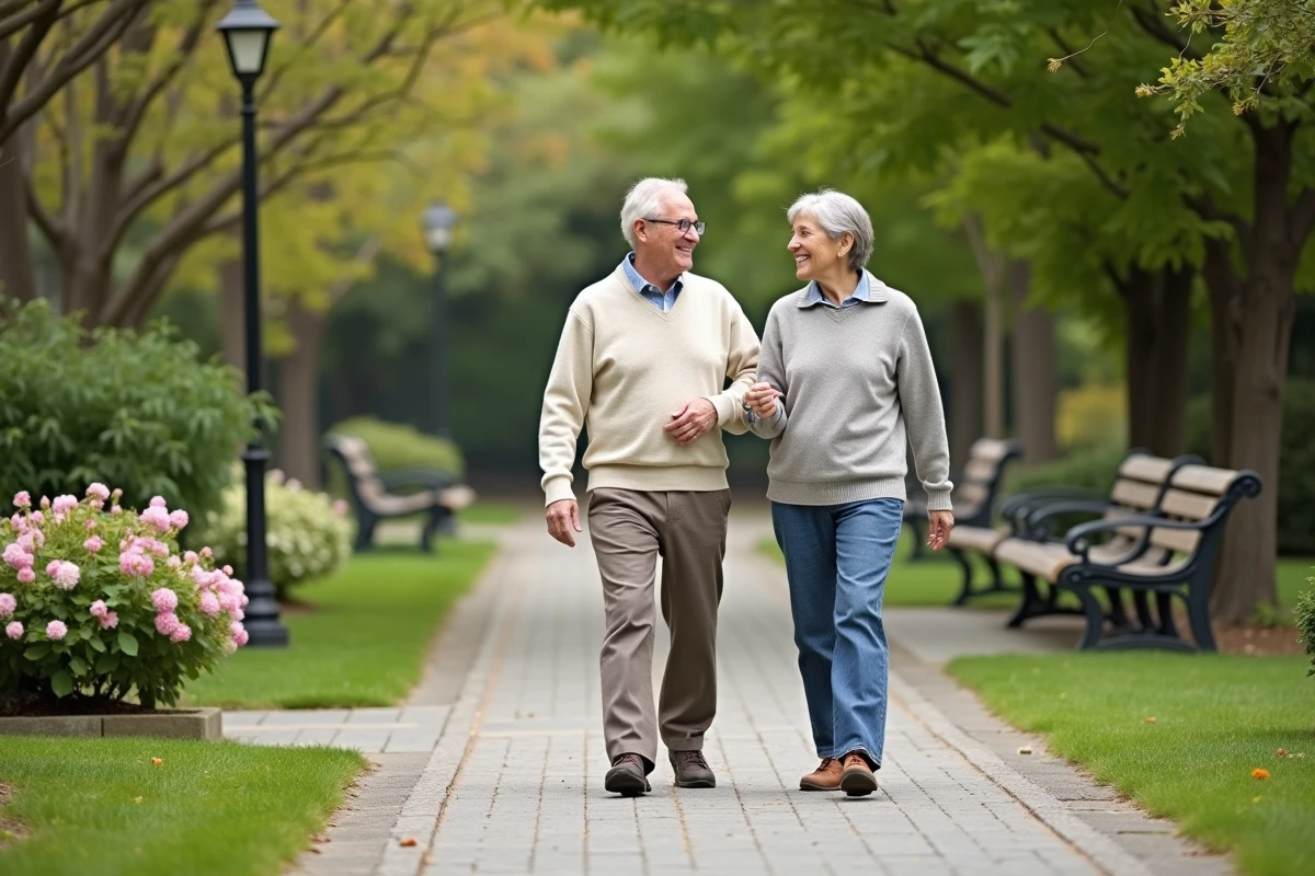 Couple âgé marchant dans un parc en pleine nature
