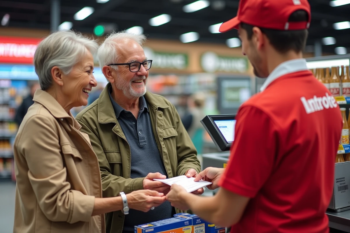 Couple remettant un carnet de vignettes Armor Lux complété à une caissière Intermarché