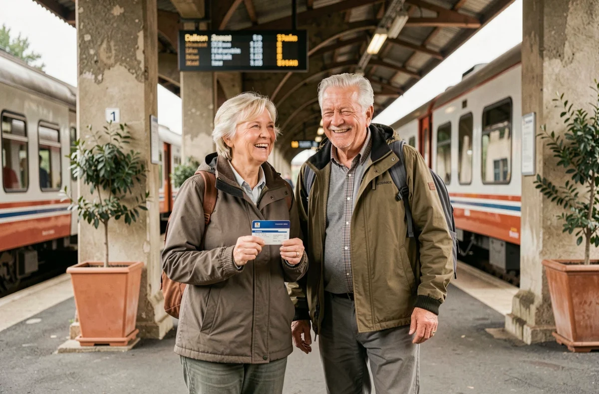Couple de seniors profitant d'une réduction tarifaire sur les transports en commun grâce aux avantages réservés aux plus de 65 ans