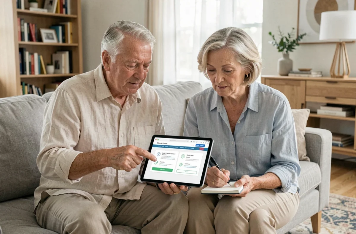 Couple de seniors comparant des mutuelles santé sur une tablette dans leur salon