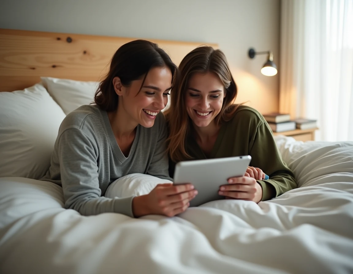 Couple regardant une série en streaming sur une tablette dans une chambre à coucher confortable