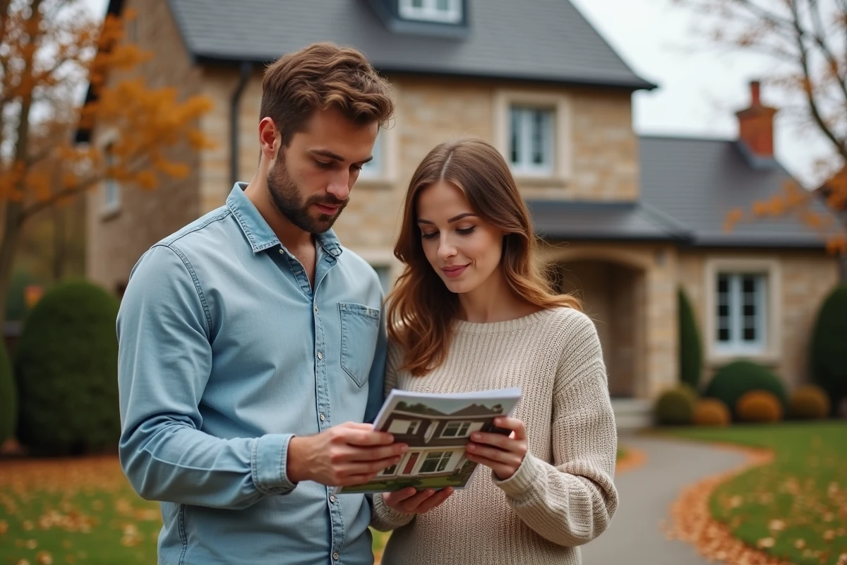 Couple visitant une maison en pierre lors d'un projet immobilier en banlieue résidentielle en automne