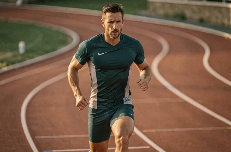 Coureur professionnel en plein effort sur une piste d'athlétisme, tendances sportives 2024