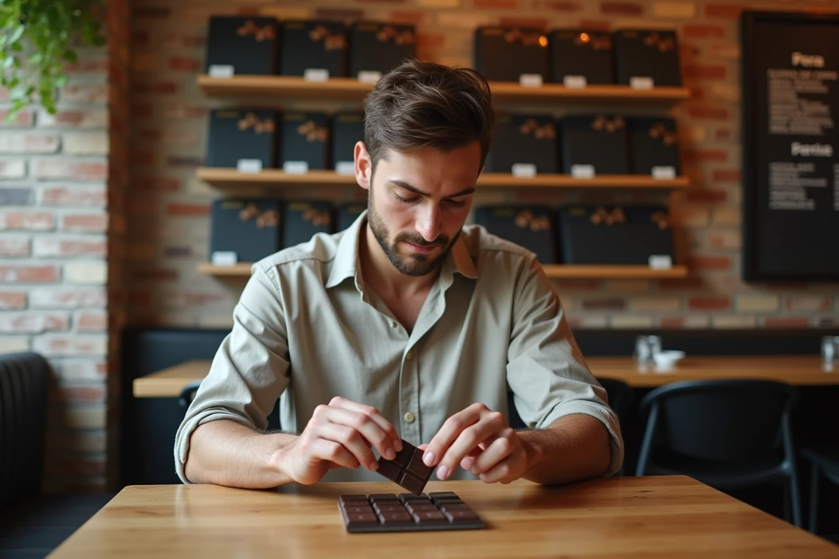 Jeune homme dégustant du chocolat d'origine unique dans un bar à chocolat moderne