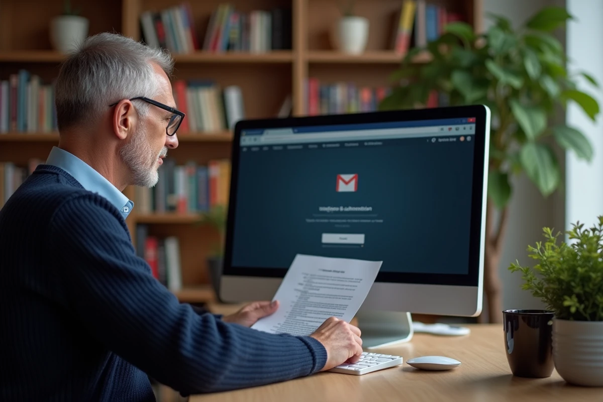 Professeur tentant de résoudre un problème de connexion au webmail académique depuis son bureau à domicile
