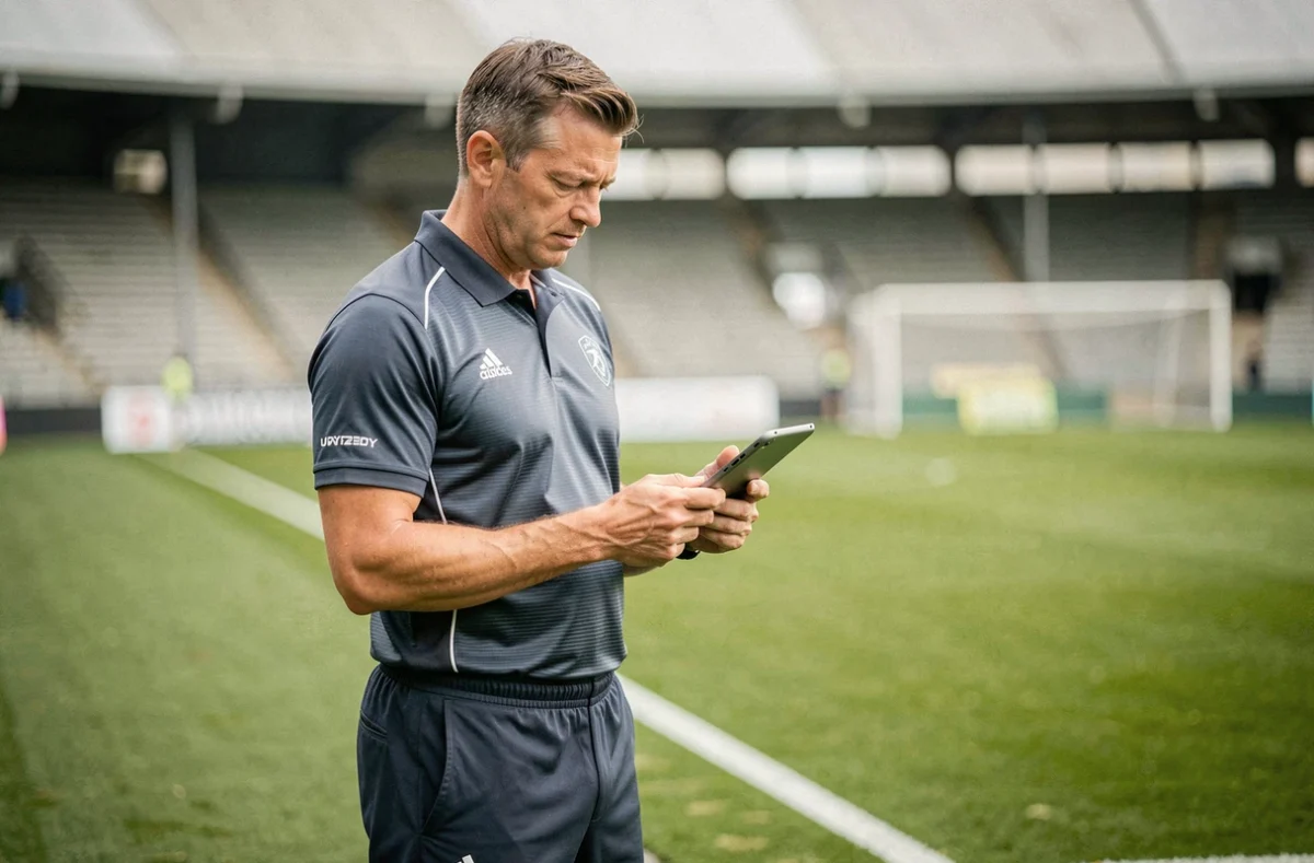 Entraîneur de football analysant des données tactiques en bord de terrain lors d'un entraînement professionnel