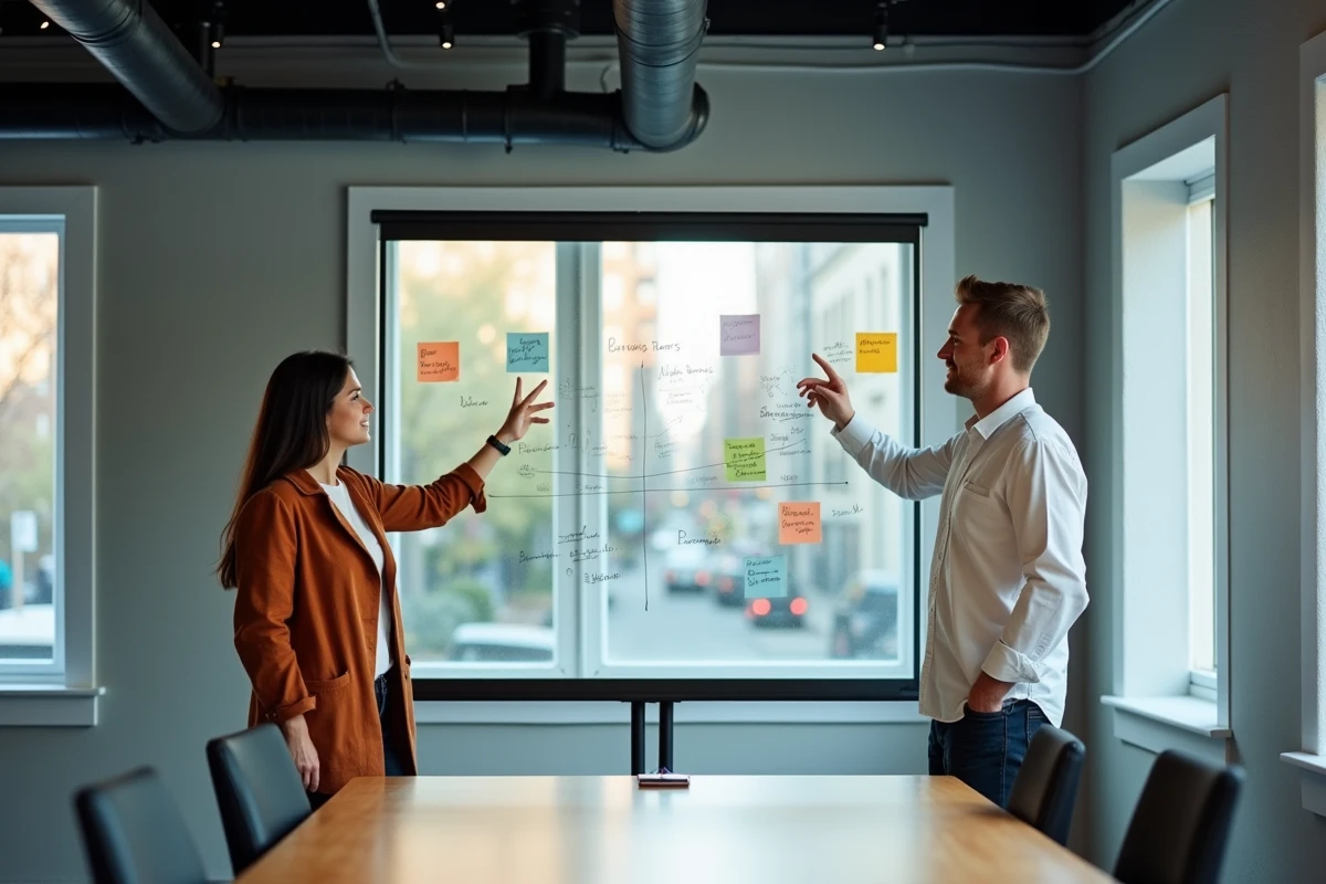 Deux collaborateurs discutant de l'architecture de navigation d'un site web autour d'un tableau blanc dans une agence créative