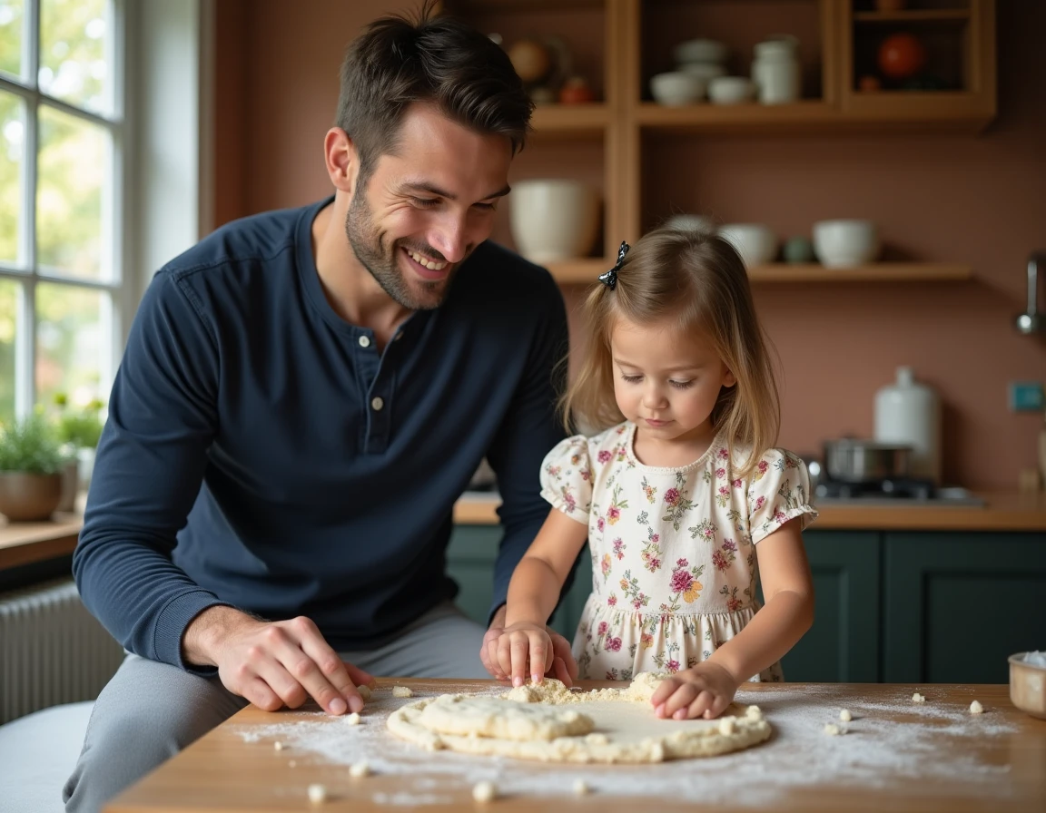 Père et petite fille préparant des biscuits ensemble dans une cuisine chaleureuse, activité créative pour l'éveil et le bien-être de l'enfant