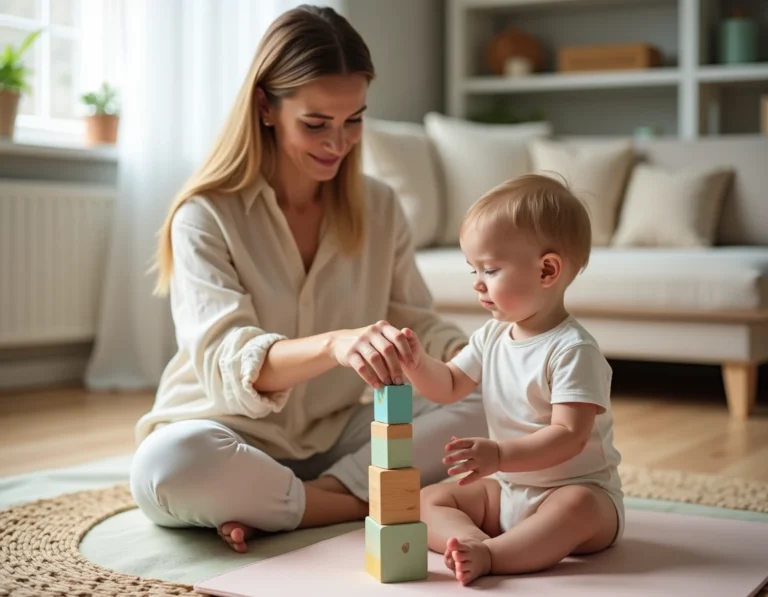 Mère et jeune enfant jouant ensemble avec des cubes en bois colorés sur un tapis de jeu dans un salon épuré et chaleureux