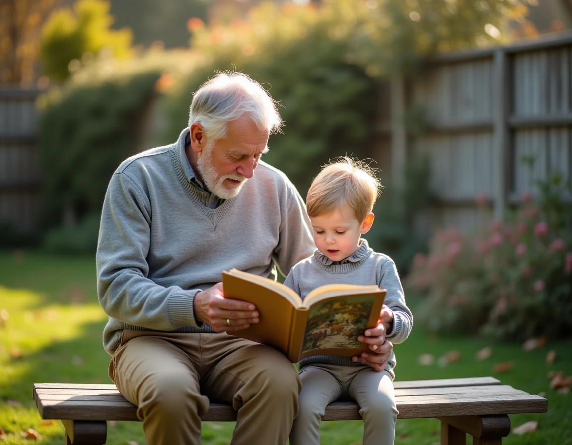 Grand-père lisant un livre illustré avec son petit-fils dans un jardin verdoyant en automne, favorisant l'éveil par la lecture