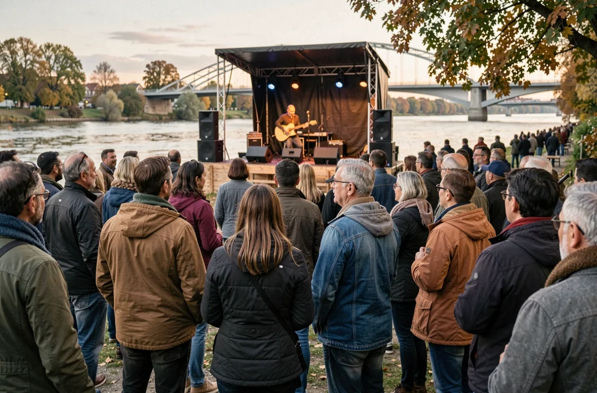 Groupe de résidents assistant à un événement culturel en plein air au bord du Rhin lors d'une soirée d'automne