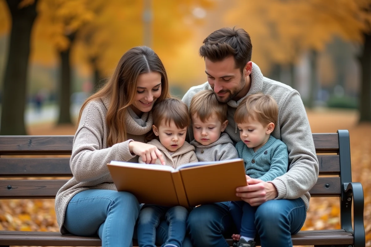 Famille heureuse lisant un livre illustré ensemble sur un banc dans un parc en automne