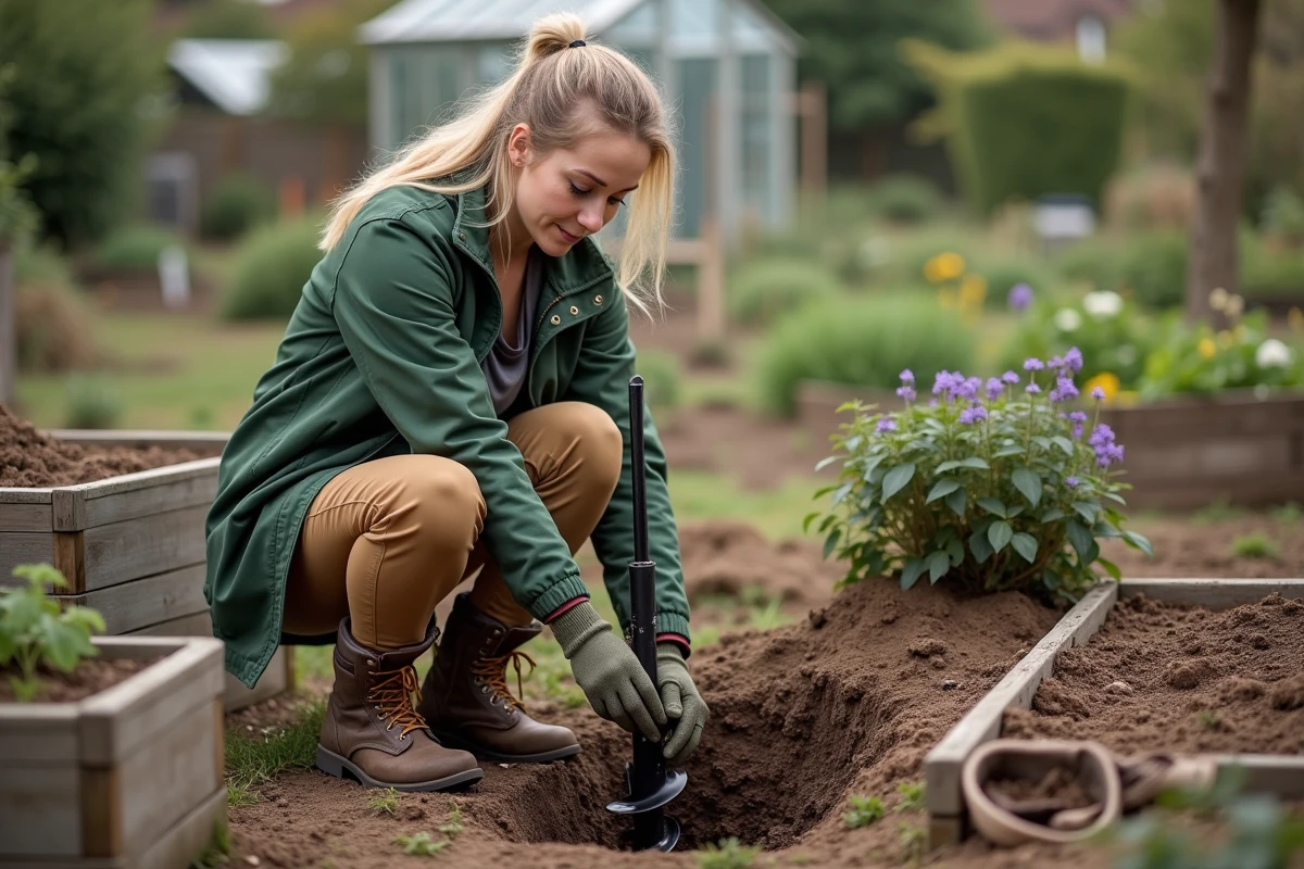 Femme en tenue de jardin assemblant un accessoire d
