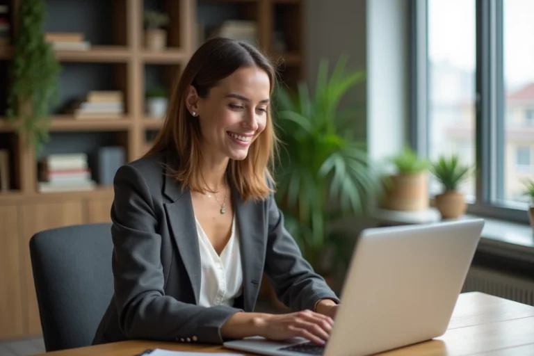 Femme concentrée travaillant dans un bureau moderne à domicile