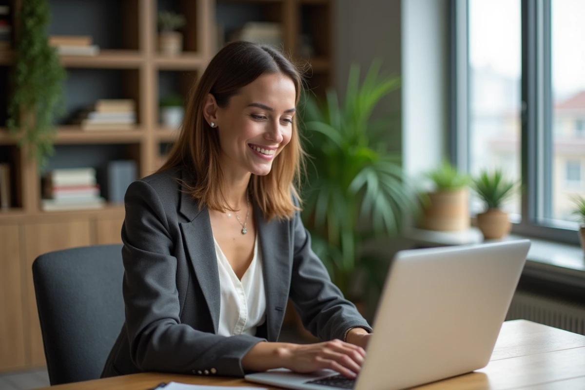 Femme concentrée travaillant dans un bureau moderne à domicile