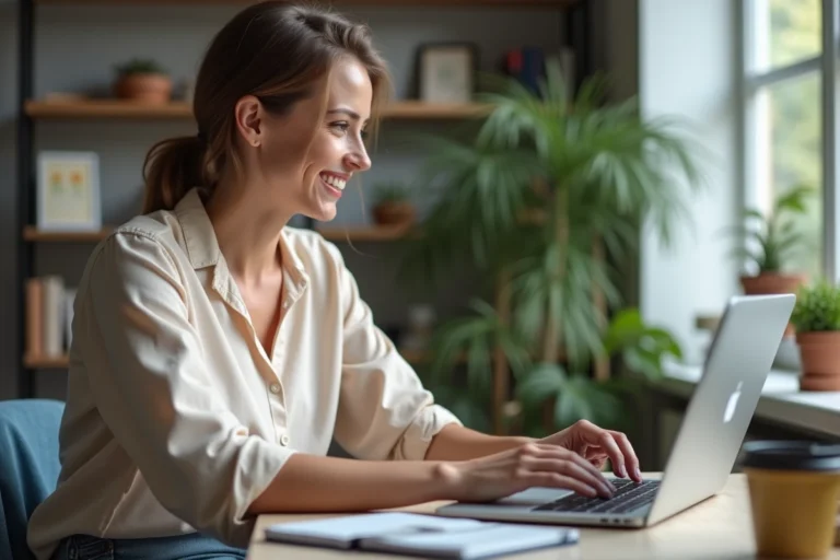 Femme souriante travaillant sur son ordinateur dans un bureau à domicile