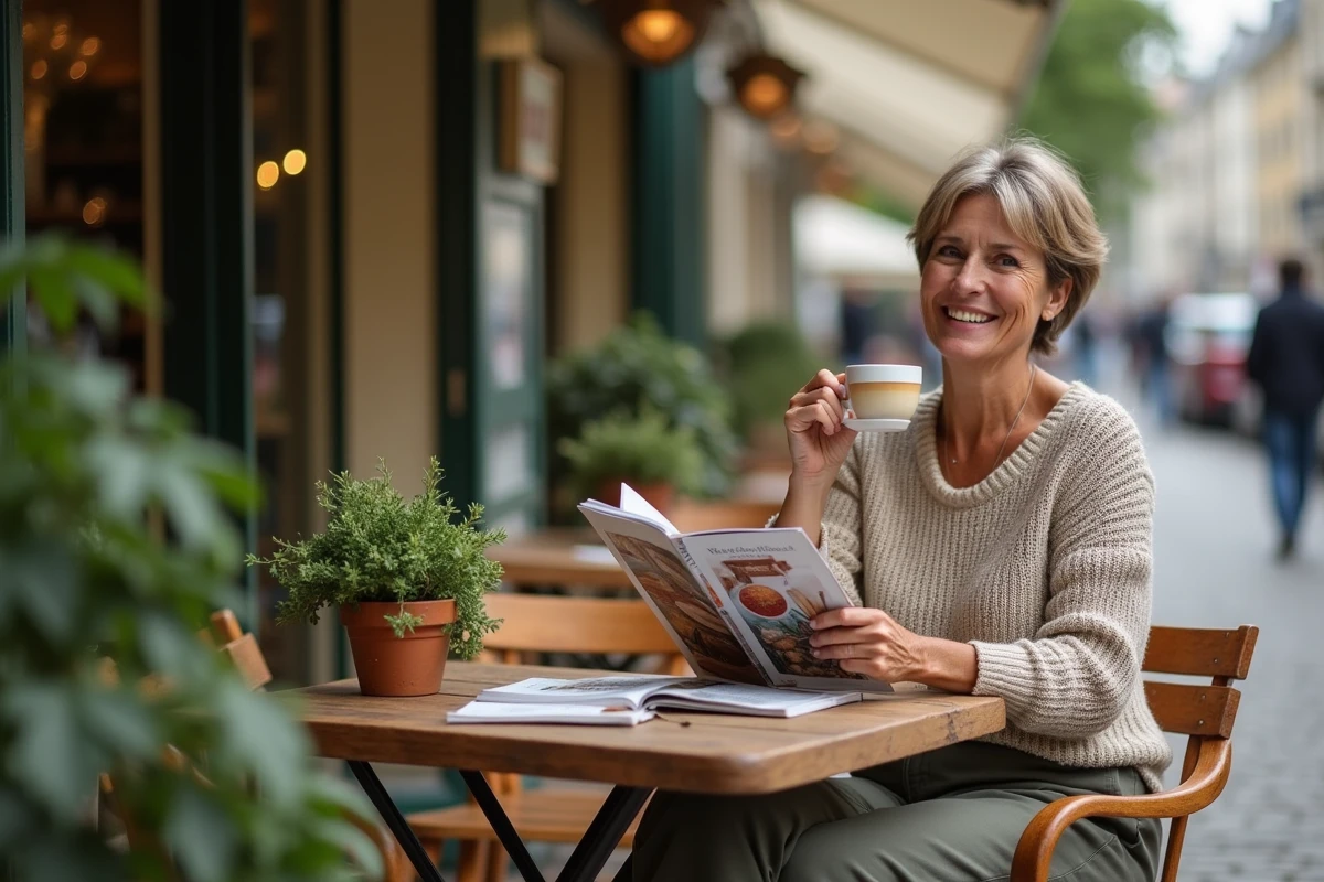 Femme souriante buvant thé dans un café parisien