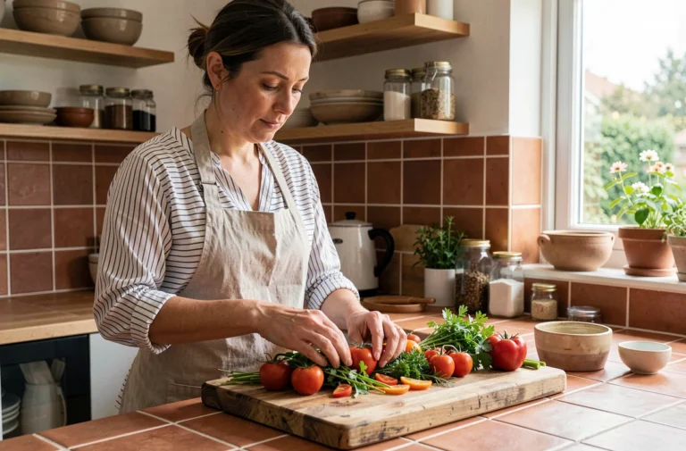 Femme cuisinant des légumes colorés et des herbes fraîches dans une cuisine moderne aux tons chauds, pour des recettes originales du quotidien