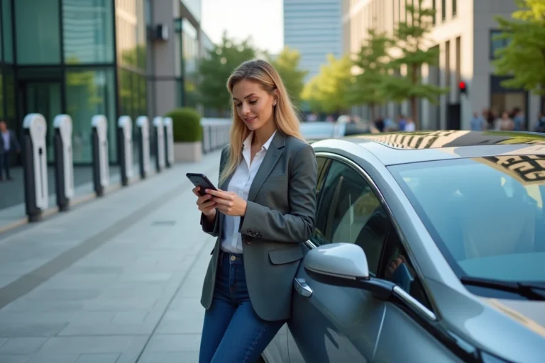 Femme moderne avec voiture électrique en ville