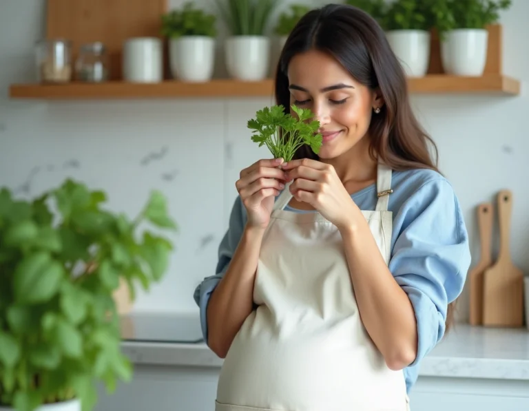 Femme enceinte tenant un bouquet de coriandre fraîche dans une cuisine moderne, illustrant les bienfaits des herbes aromatiques pendant la grossesse