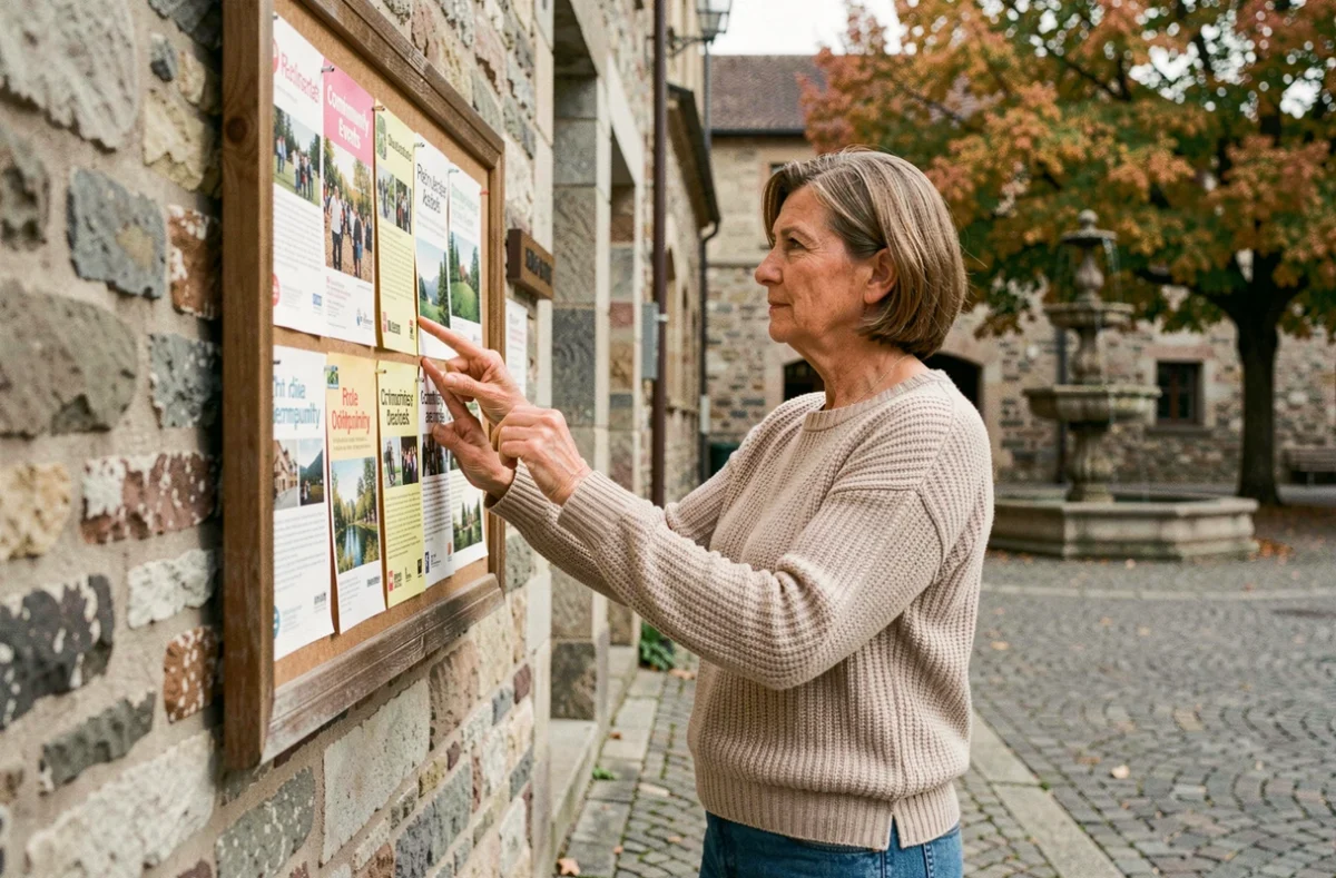 Femme lisant un panneau d'affichage des événements locaux dans un village du Rhin en automne