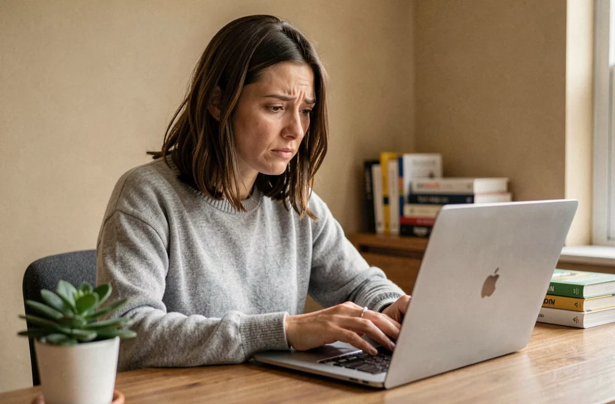 Femme utilisant un ordinateur portable pour gérer son historique de commandes Amazon depuis un bureau à domicile