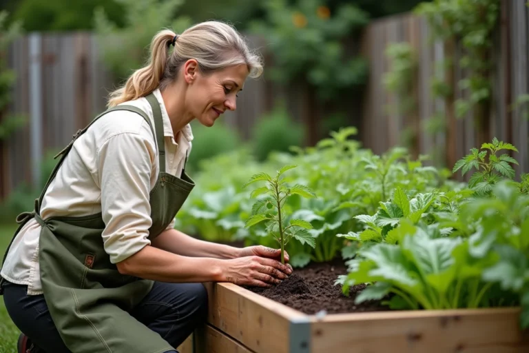 Femme en tablier de jardinage transplantant un plant dans un potager surélevé en bois avec tomates, laitues et herbes aromatiques