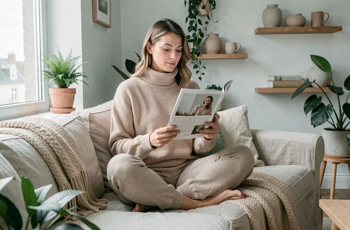 Femme détendue lisant un magazine sur un canapé scandinave, évoquant les sources d'inspiration et d'actualité de la sphère féminine moderne