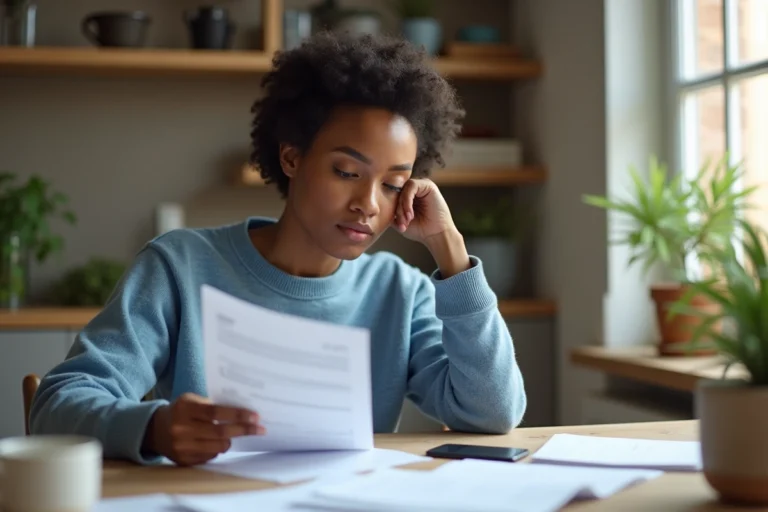 Jeune femme noire organise ses relevés bancaires à la maison