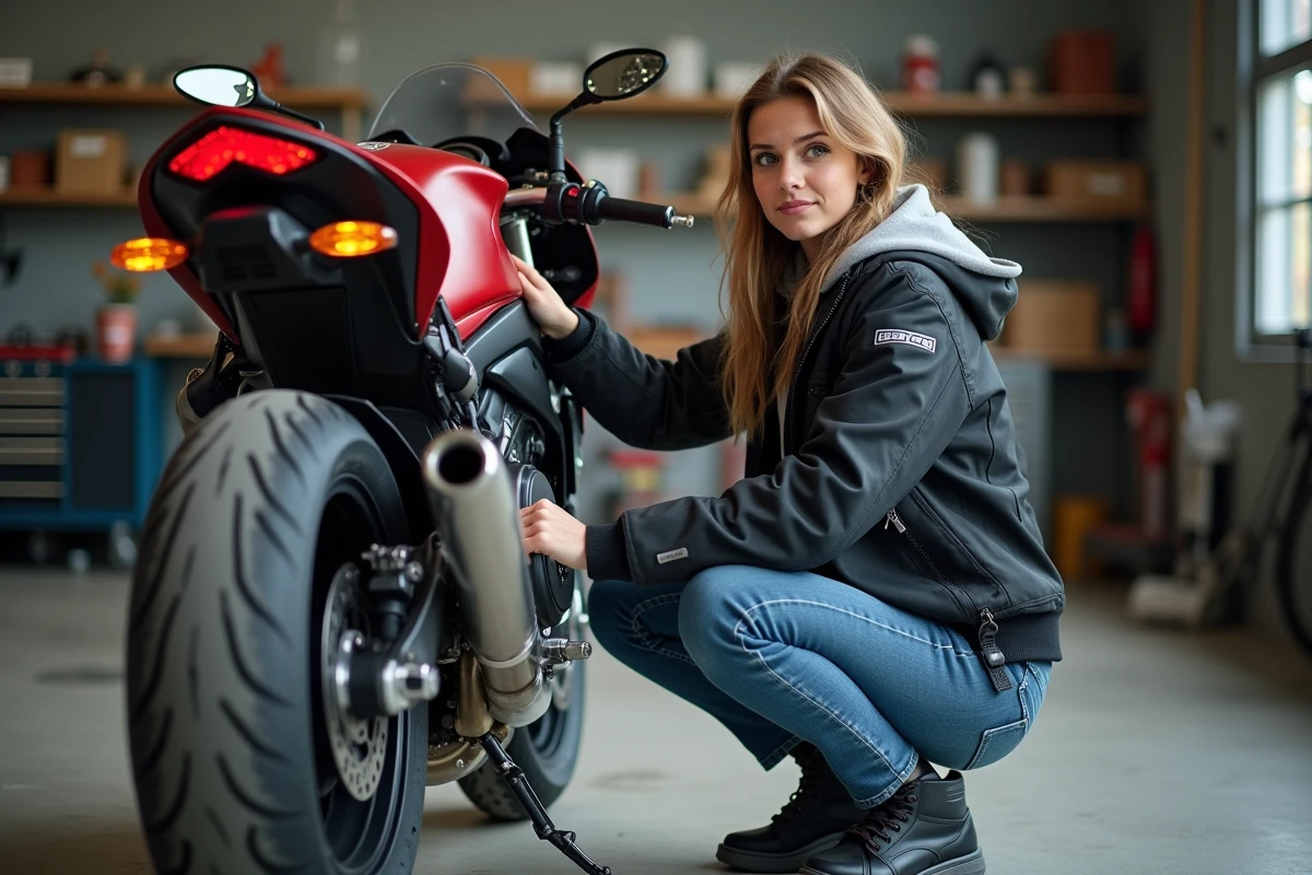 Jeune femme polissant une moto dans un garage