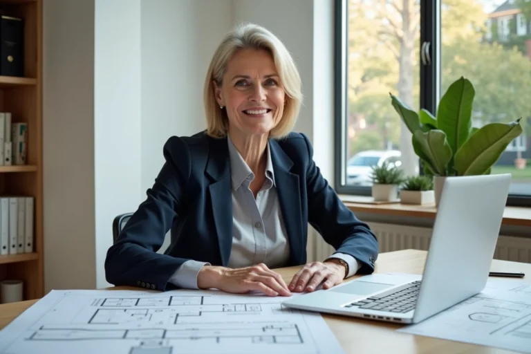 Femme professionnelle examinant des plans immobiliers dans un bureau moderne pour réussir un projet d'achat immobilier