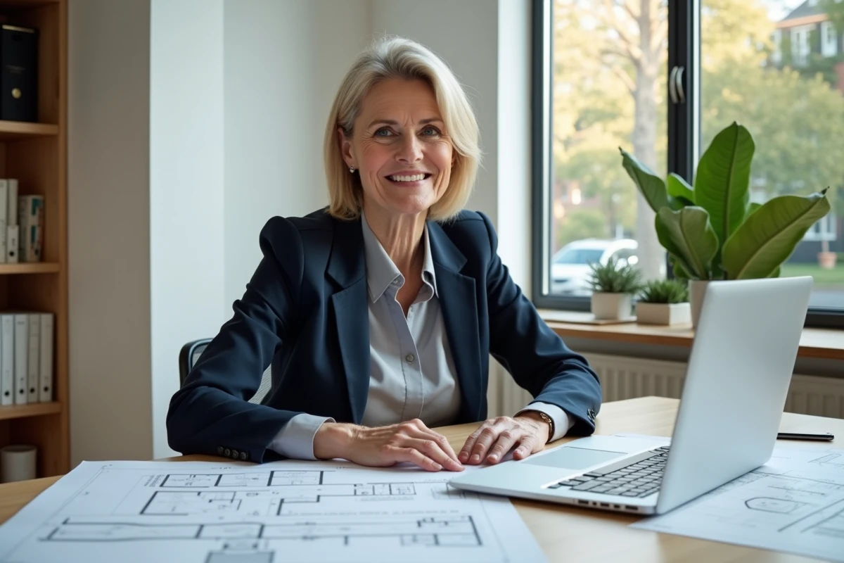 Femme professionnelle examinant des plans immobiliers dans un bureau moderne pour réussir un projet d'achat immobilier