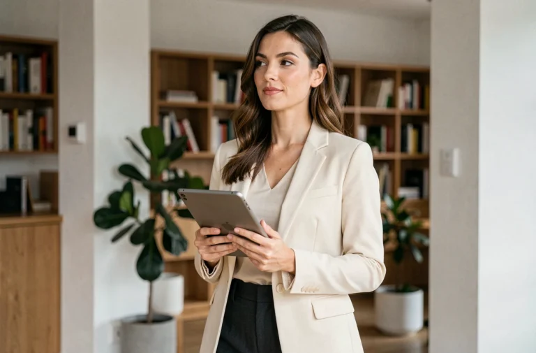 Femme professionnelle confiante en blazer crème dans un espace de coworking moderne, illustrant les tendances féminines contemporaines