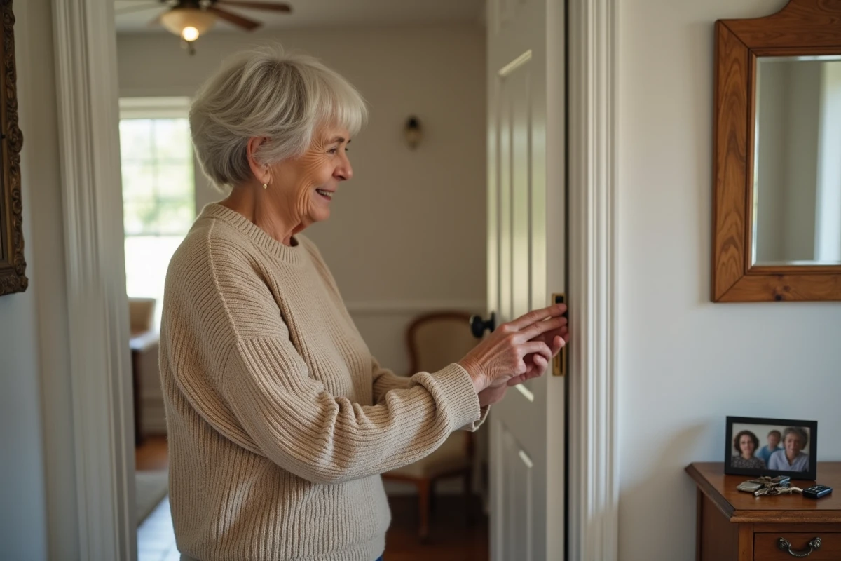 Femme retraitée utilisant le panneau de sécurité à l