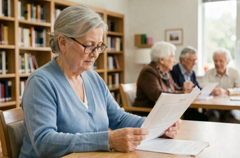Femme senior de plus de 65 ans consultant ses documents d'avantages et aides sociales dans un centre communautaire