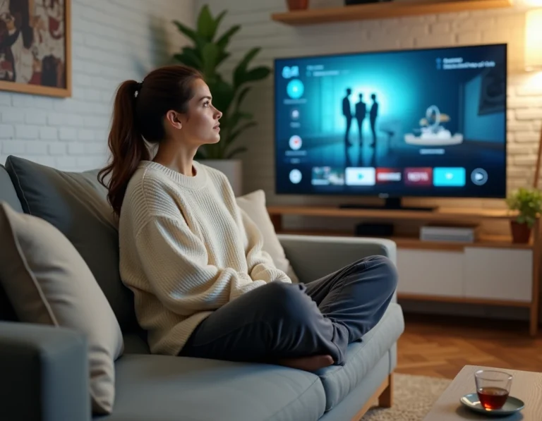 Jeune femme regardant un film en streaming sur sa télévision dans un salon cosy et moderne